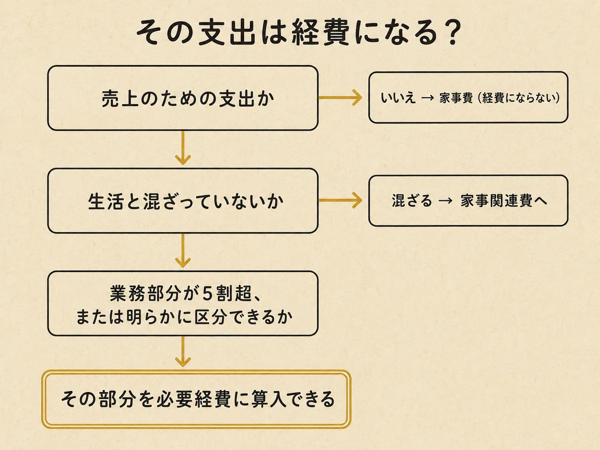 メルカリ・せどりの支出が必要経費になるかを判定する3段階のフロー図。「売上のための支出か」「生活と混ざっていないか」「業務部分が5割超、または明らかに区分できるか」を順に判定し、該当部分を必要経費に算入できることを示す