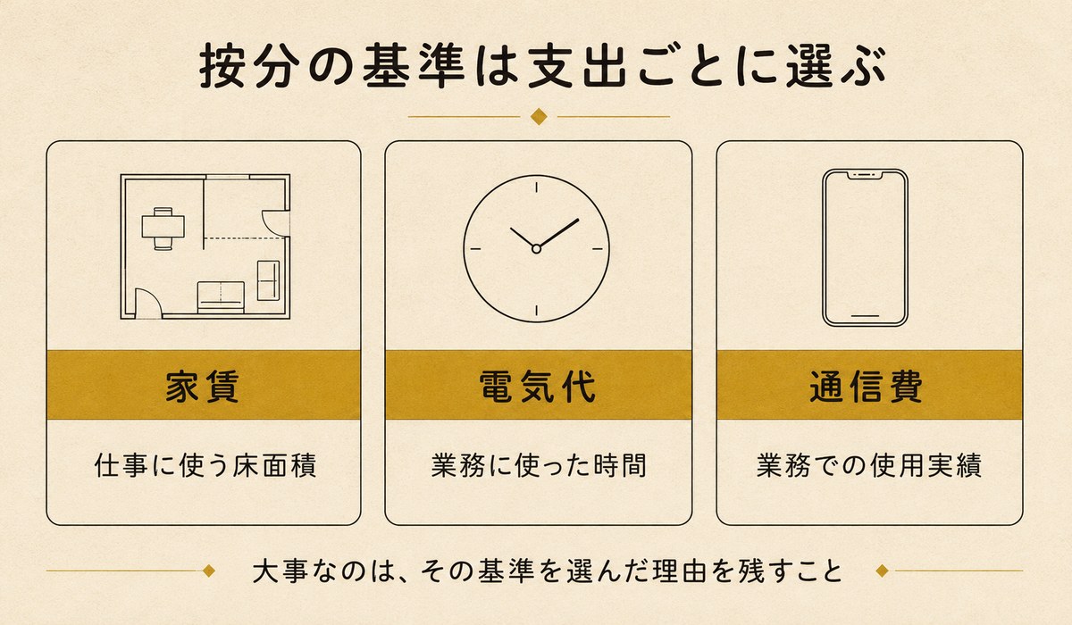 家事関連費の按分基準の例。家賃は床面積、電気代は使用時間、通信費は使用実績で按分することを示した3列の図