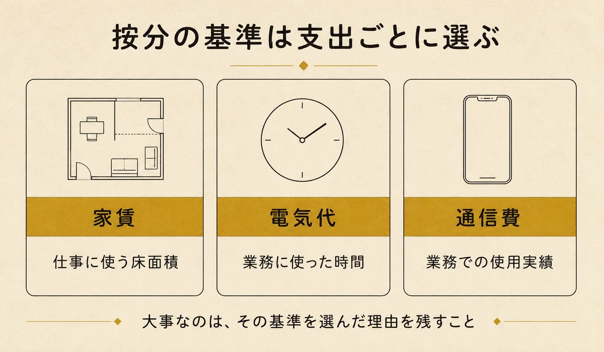 メルカリ・せどりの家事関連費を按分する基準の例。家賃は仕事に使う床面積、電気代は業務に使った時間、通信費は業務での使用実績で按分することを示した3列の図